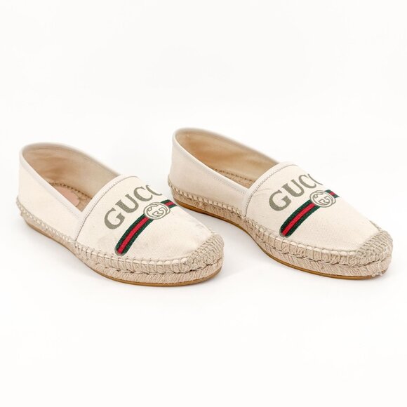 Gucci Interlocking GG Espadrille EU 37.5 US 7.5 Beige Web Stripe Logo Canvas - Picture 1 of 14